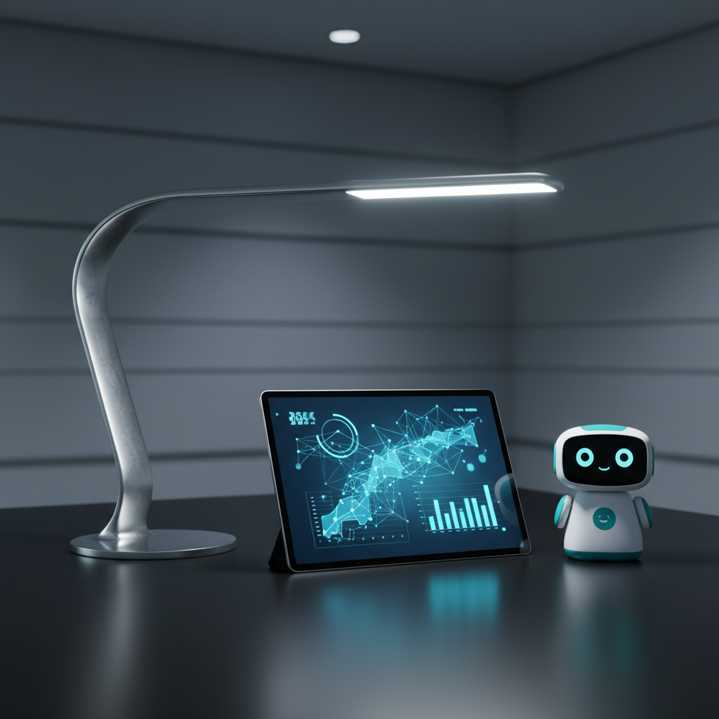 Un pequeño robot de juguete junto a una tablet que muestra gráficos de datos y redes neuronales bajo una lámpara de escritorio moderna.