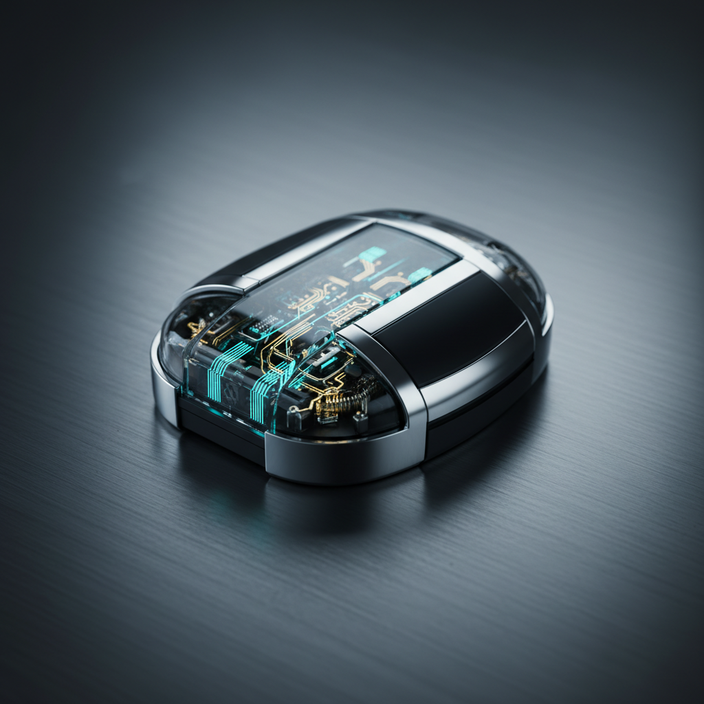 Dispositivo tecnológico futurista con circuitos integrados visibles bajo una cubierta de cristal traslúcido y bordes metálicos sobre una superficie oscura.