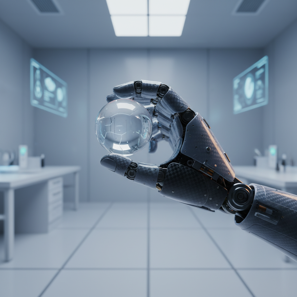 Mano robótica sosteniendo una esfera de cristal transparente en un laboratorio tecnológico.