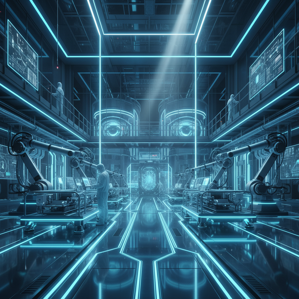 Laboratorio tecnológico avanzado con brazos robóticos industriales, paneles digitales y técnicos en trajes protectores.