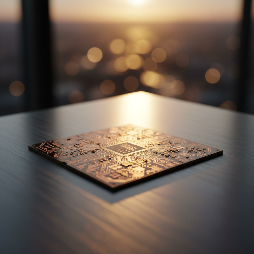 Microprocesador de ordenador con circuitos visibles sobre una superficie oscura ante una ventana con desenfoque.