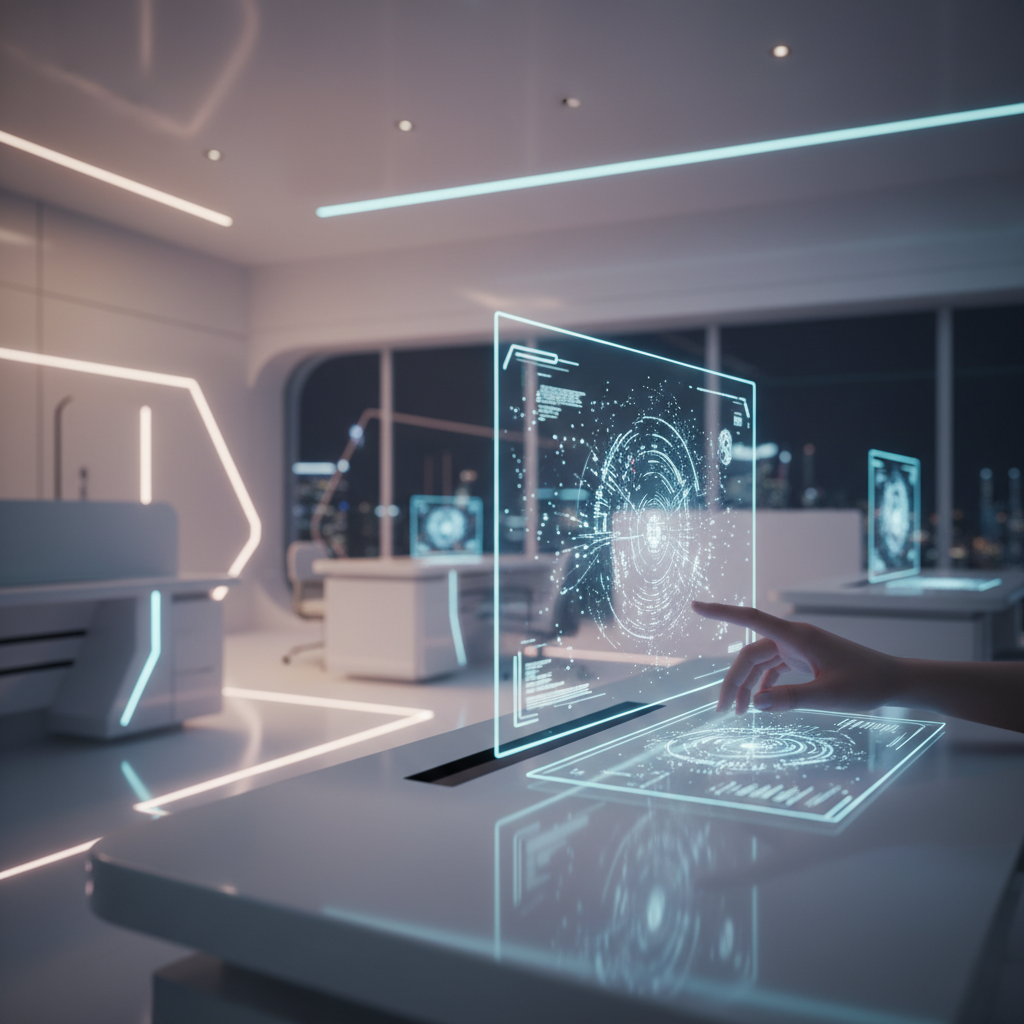 Mano humana interactuando con una interfaz táctil holográfica en una oficina moderna y futurista.