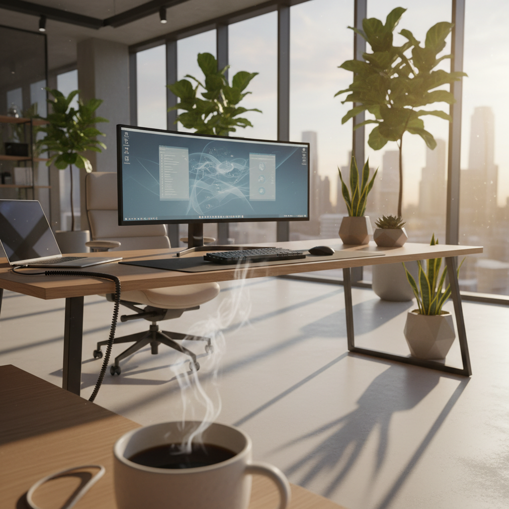 Escritorio de oficina moderno con ordenador panorámico, portátil, plantas y una taza de café humeante frente a ventanales con vistas a la ciudad.