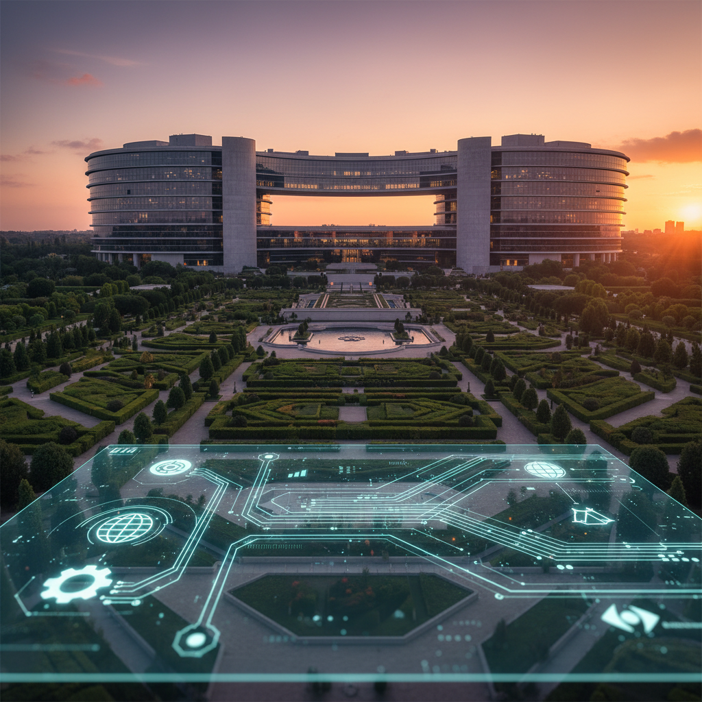 Edificio moderno de arquitectura simétrica rodeado por jardines geométricos durante el atardecer con un gráfico digital superpuesto.