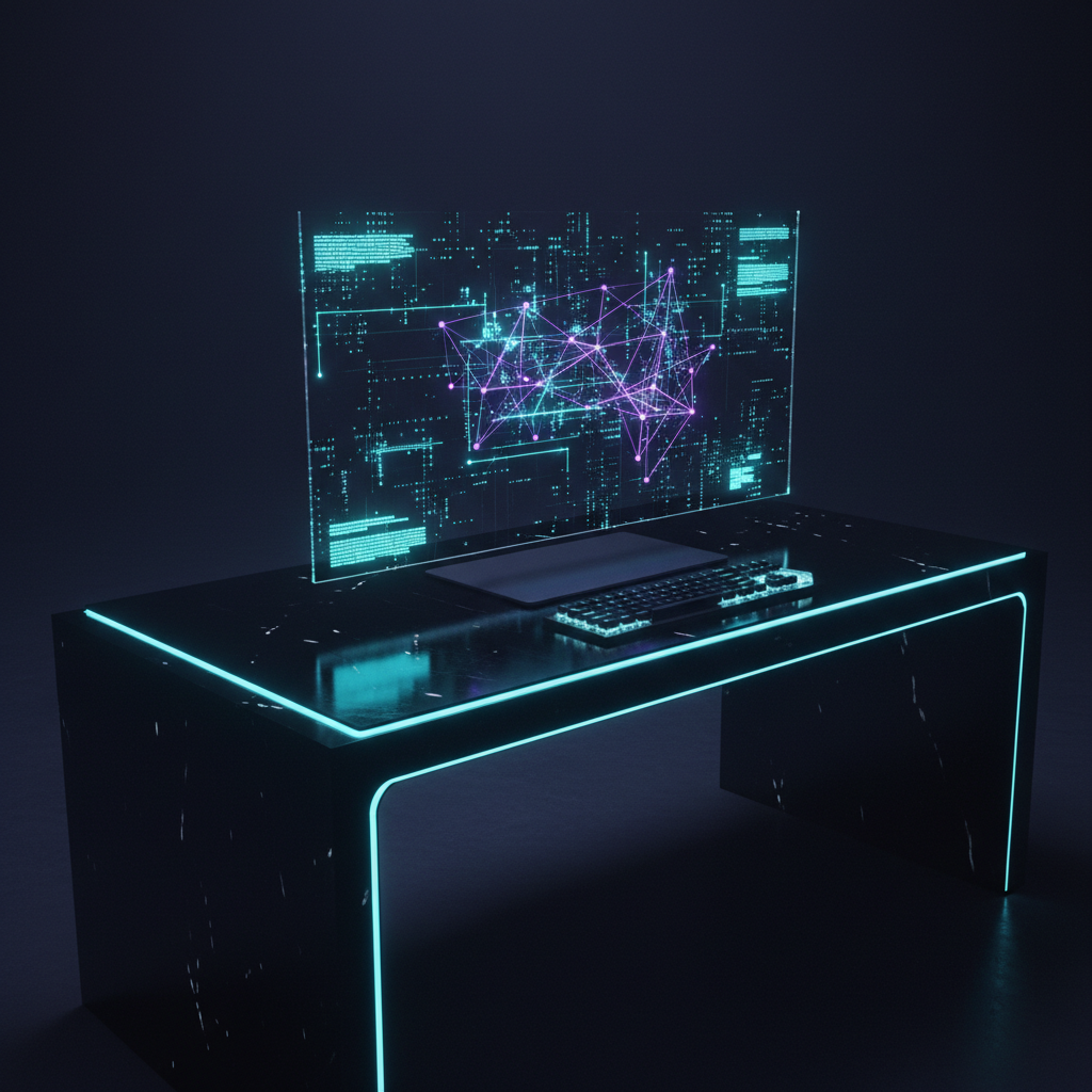 Escritorio de mármol negro con iluminación LED azul y monitor holográfico con gráficos de red de datos.