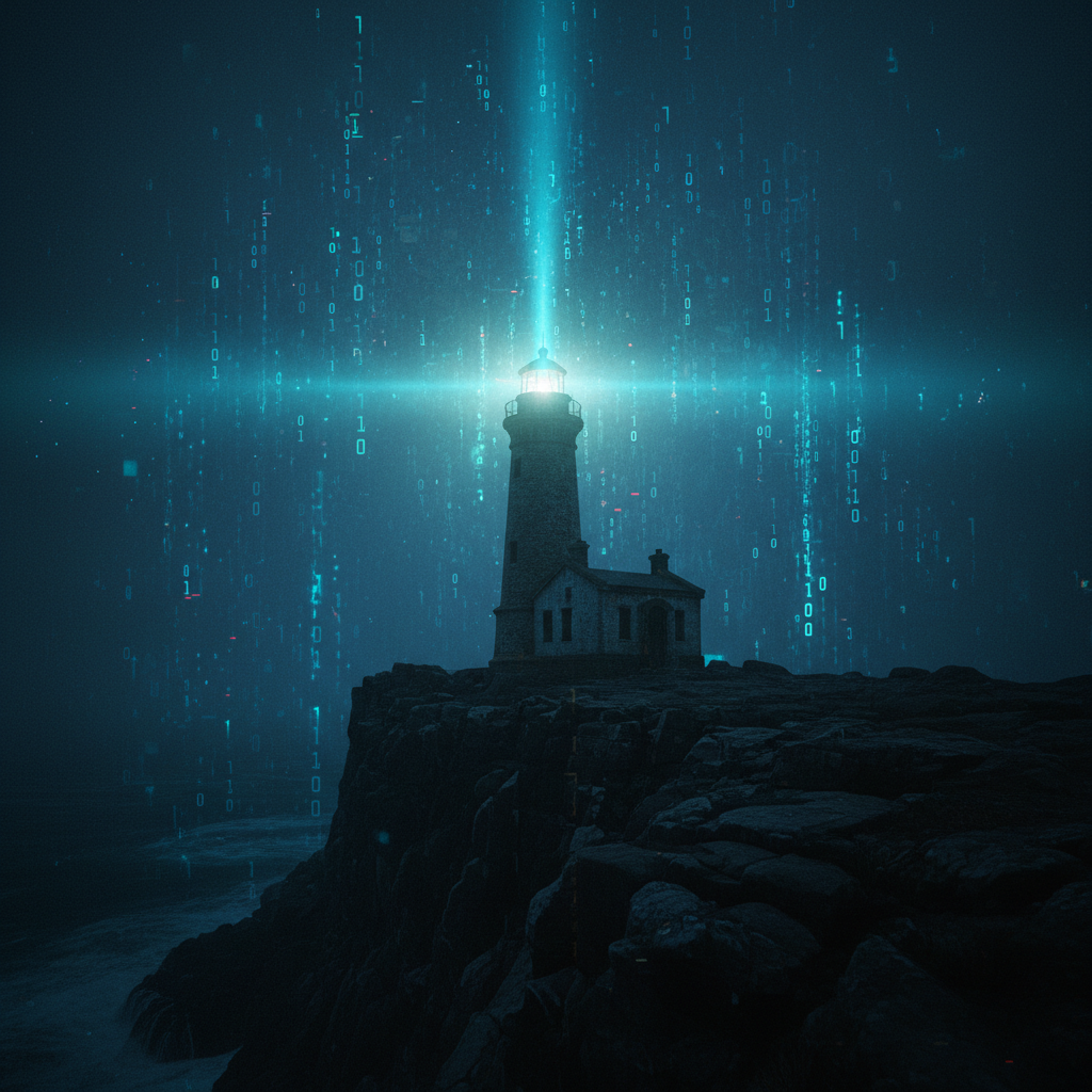Faro antiguo sobre un acantilado rocoso emitiendo un haz de luz digital rodeado de números binarios cayendo sobre un fondo oscuro.
