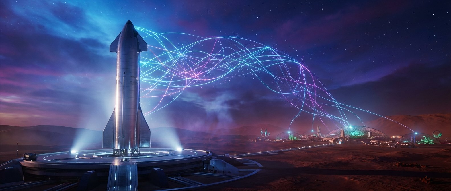 Un gran cohete futurista de color metálico, similar a Starship, se alza en una plataforma de lanzamiento en un paisaje marciano rojizo. Bajo un cielo nocturno estrellado de tonos azules y púrpuras, múltiples líneas de energía o datos luminosas (azules y rosas) se extienden desde el cohete hacia una colonia espacial compuesta por cúpulas geodésicas y edificios iluminados a lo lejos.