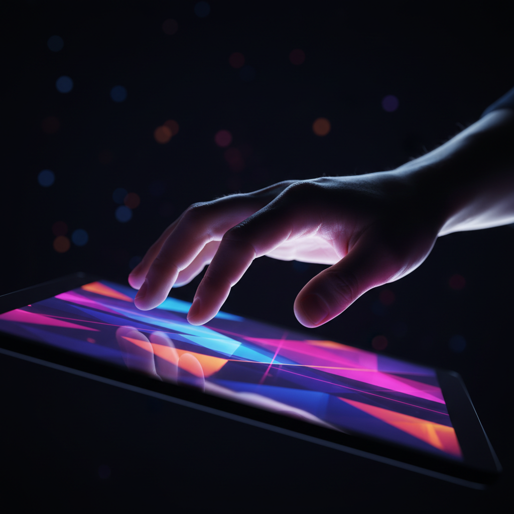 Mano humana interactuando sobre la pantalla táctil de una tablet con gráficos abstractos coloridos en un entorno oscuro.