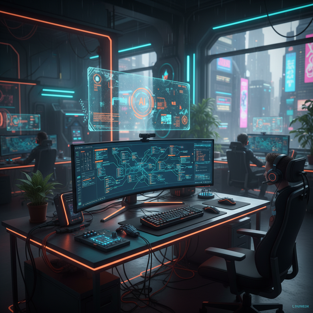 Entorno de oficina futurista con programadores trabajando en estaciones de trabajo equipadas con monitores curvos y pantallas holográficas de inteligencia artificial.