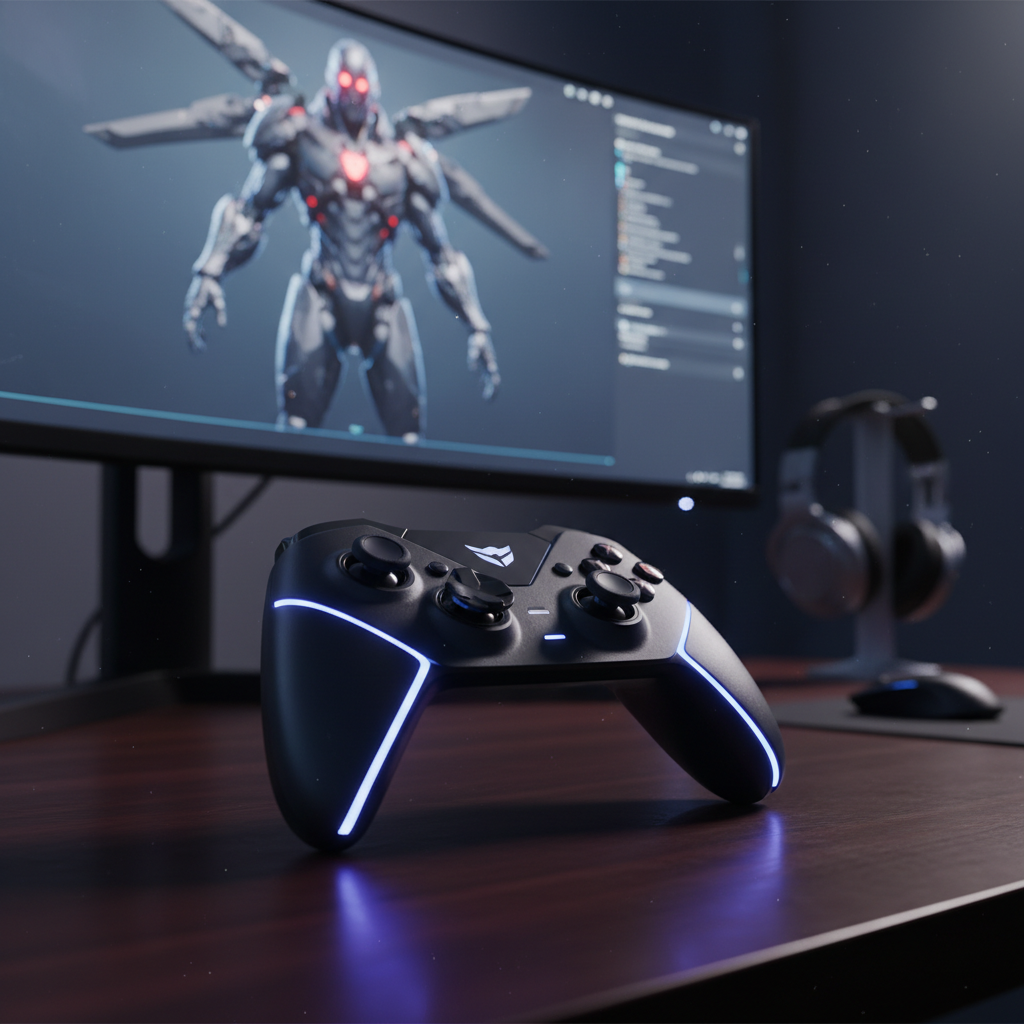 Mando de videojuegos inalámbrico con iluminación LED azul sobre escritorio de madera frente a monitor con diseño 3D.