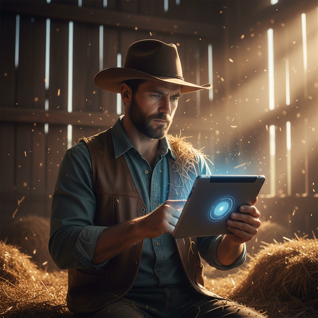 Vaquero con barba y sombrero utilizando una tableta digital dentro de un granero iluminado por rayos de sol.