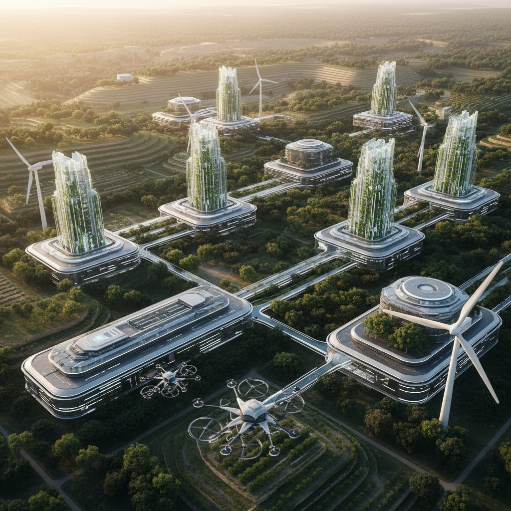 Complejo arquitectónico futurista con edificios de cristal, terrazas verdes, turbinas eólicas y drones de transporte en un entorno natural y sostenible.