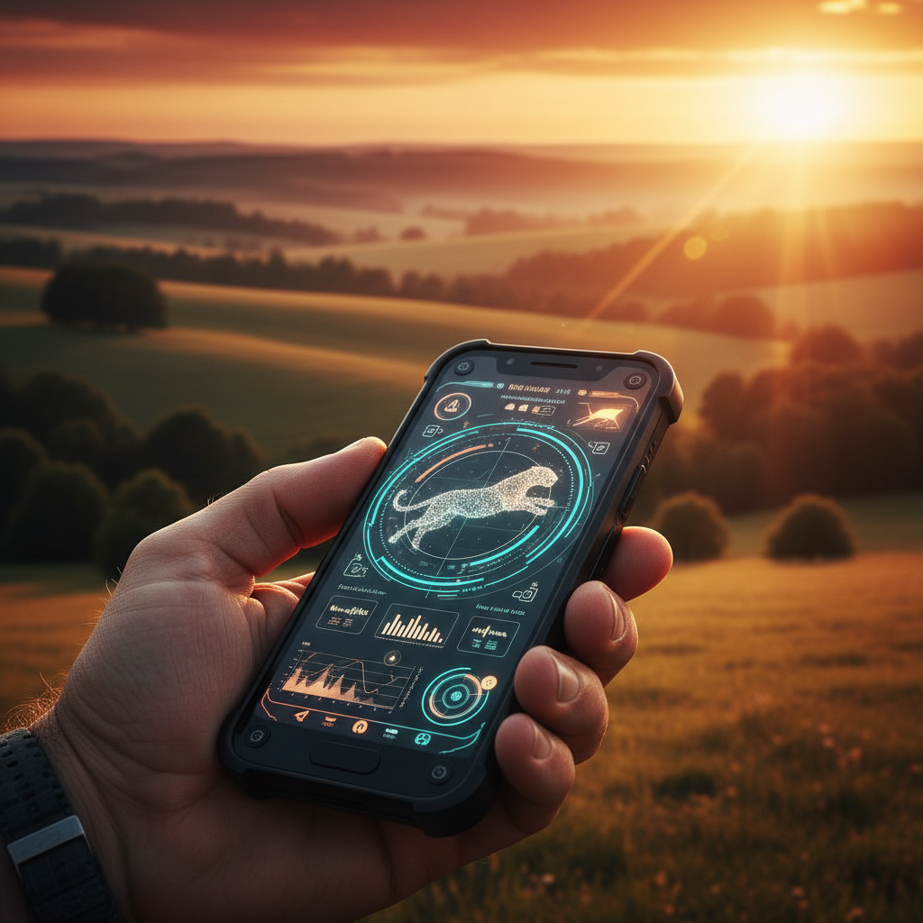 Mano sosteniendo un teléfono inteligente que muestra una aplicación de rastreo con un leopardo en realidad aumentada sobre un paisaje rural al atardecer.