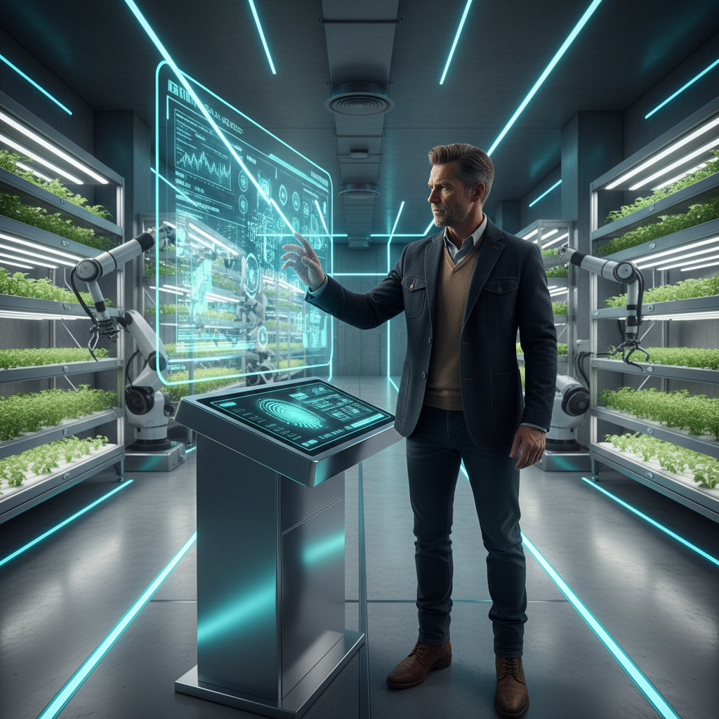 Hombre de negocios interactuando con una interfaz holográfica en una granja vertical automatizada con robots y estanterías de plantas.