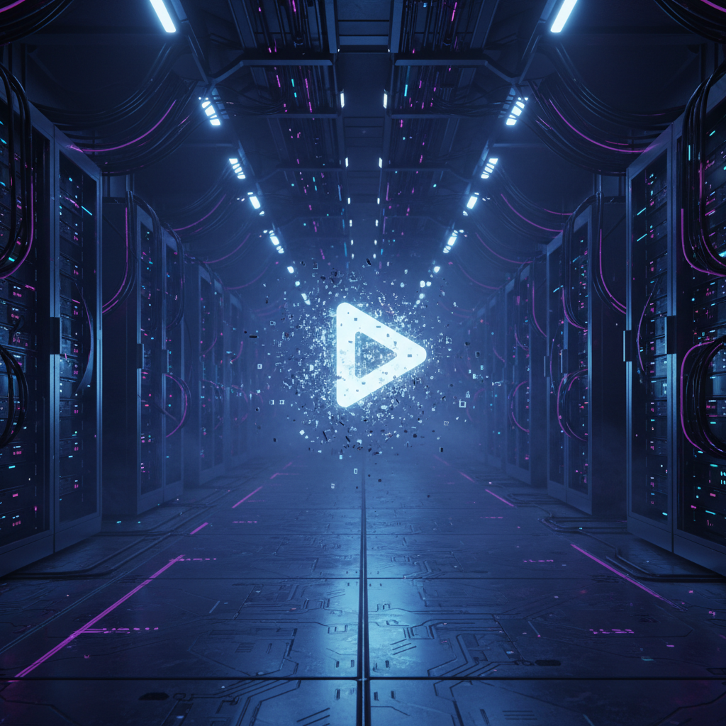 Pasillo de un centro de datos futurista con un símbolo de reproducción brillante y partículas tecnológicas en el centro.