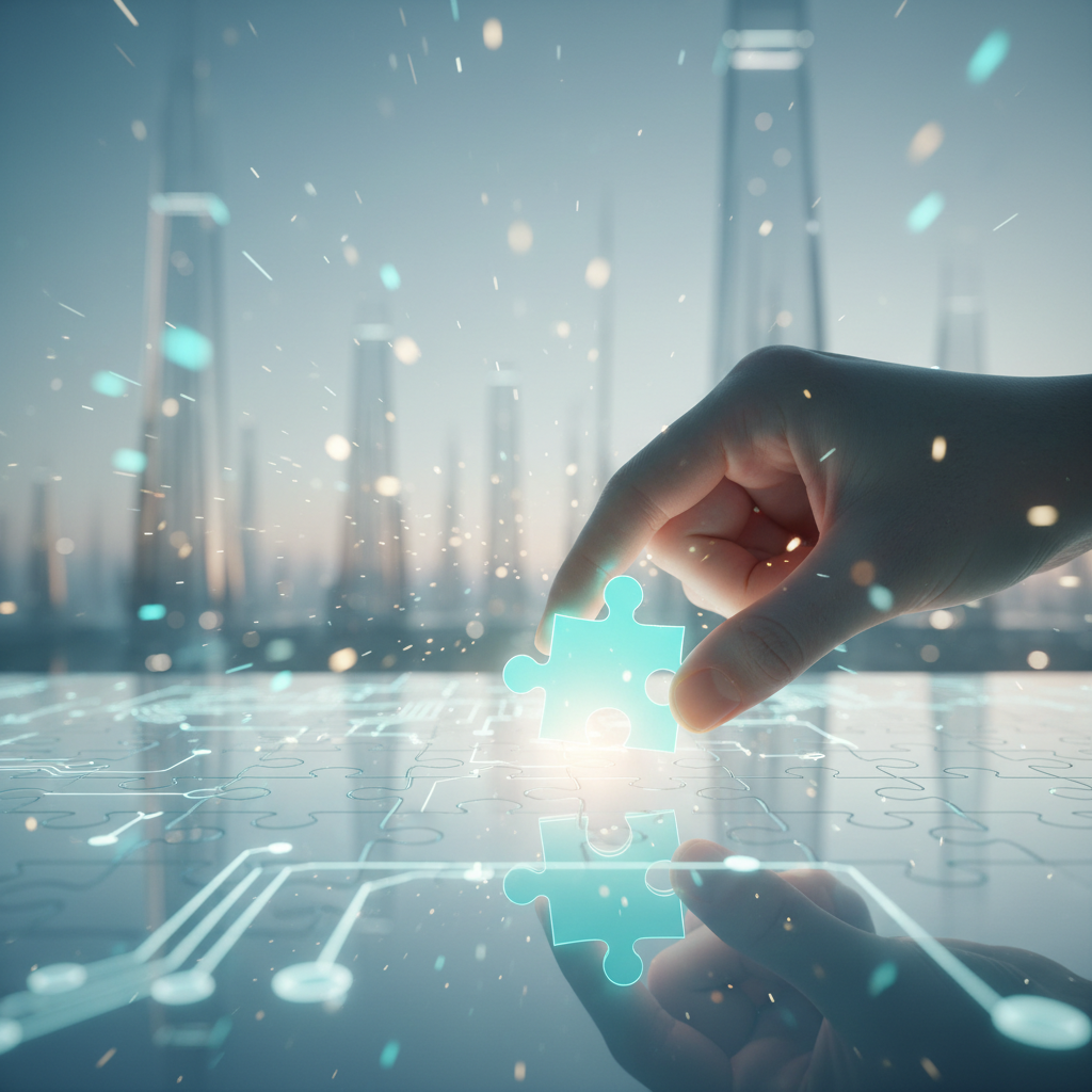 Mano colocando una pieza de rompecabezas digital sobre una placa de circuito impreso en una ciudad futurista.