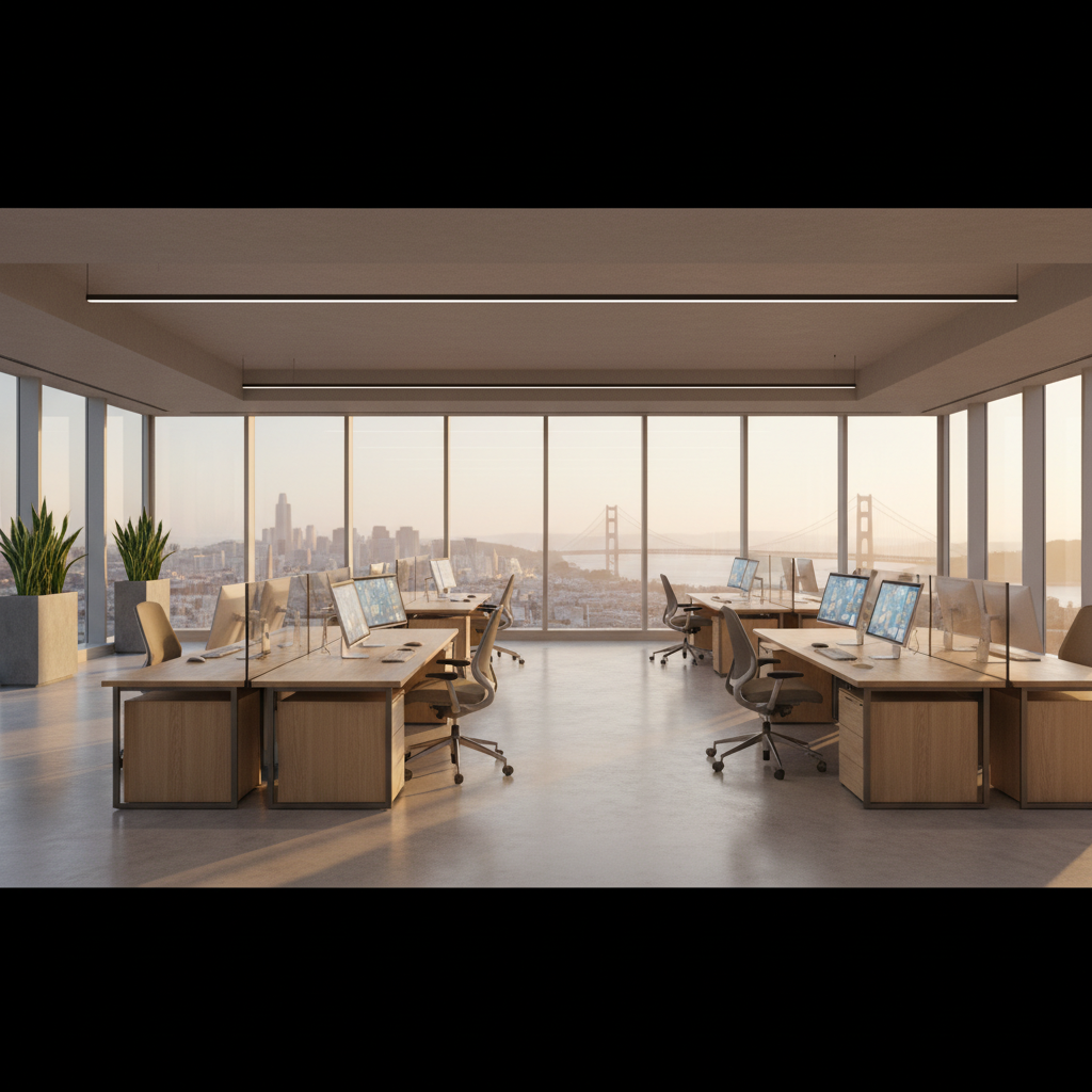 Oficina moderna de planta abierta con escritorios de madera, sillas ergonómicas y vistas panorámicas del puente Golden Gate y el horizonte de San Francisco.