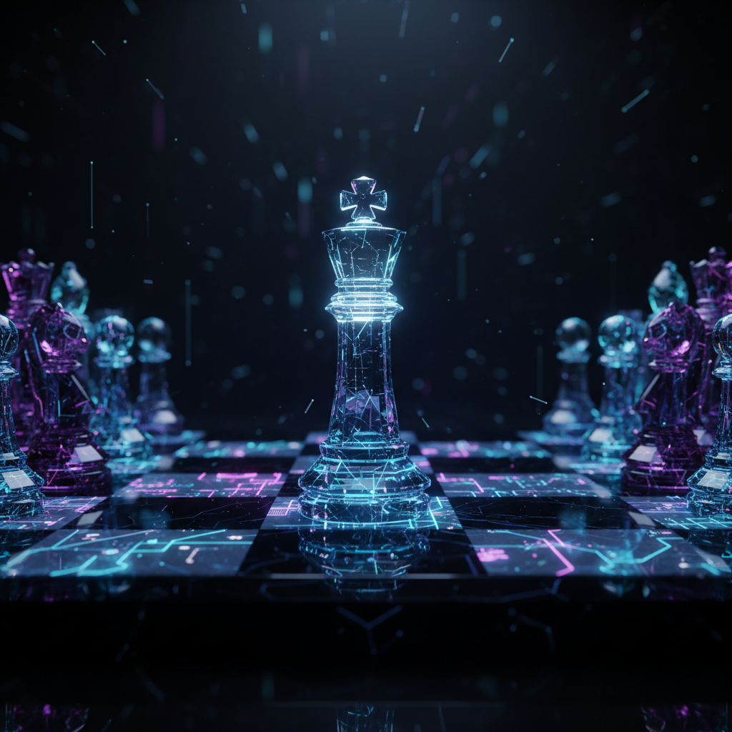 Pieza de ajedrez central tipo rey hecha de luz azul brillante sobre un tablero digital con motivos geométricos y otras figuras de ajedrez en segundo plano.