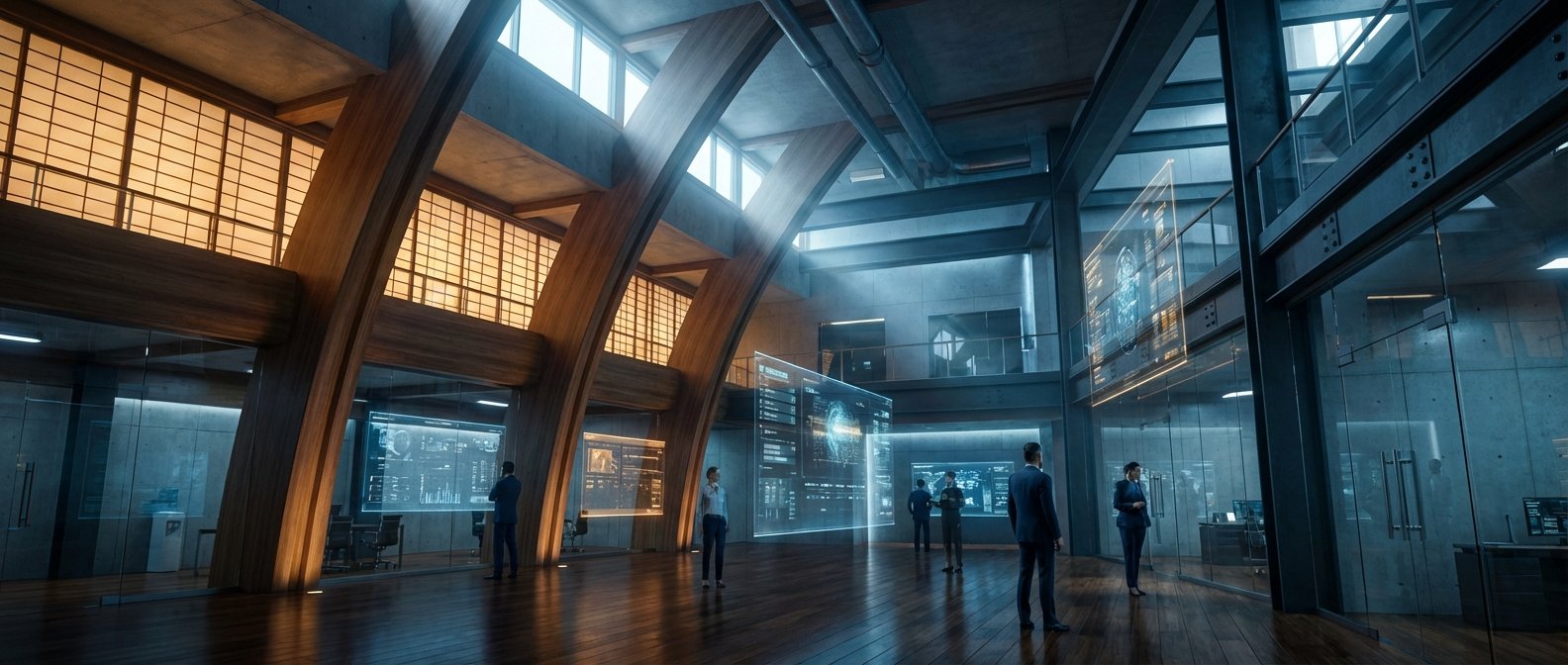 Interior de un espacio de oficina o centro de investigación de alta tecnología, con una arquitectura moderna que integra grandes vigas de madera y paneles luminosos en un lado, y estructuras metálicas con paredes de hormigón en el otro. Varias personas vestidas profesionalmente observan e interactúan con pantallas holográficas transparentes que muestran datos, gráficos y modelos 3D. El suelo es de madera pulida y hay oficinas acristaladas.