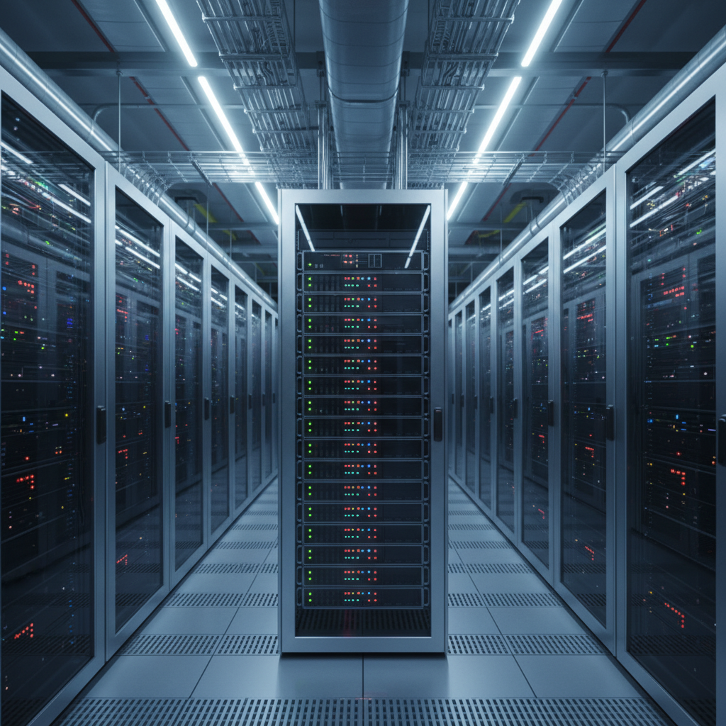 Centro de datos con filas de racks de servidores iluminados por luces LED azules en un pasillo técnico.