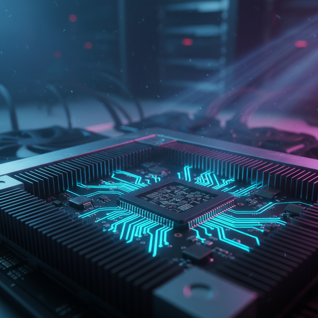 Procesador de alto rendimiento con circuitos iluminados y disipador de calor integrado en un entorno de centro de datos.