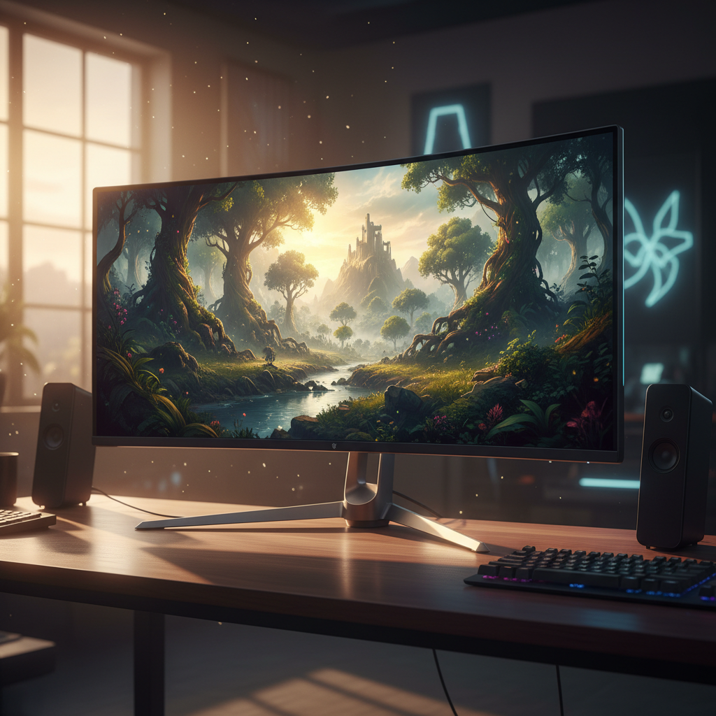 Monitor curvo de ultra gran formato sobre un escritorio de madera con teclado y altavoces mostrando un paisaje fantástico de un bosque y un castillo al amanecer.