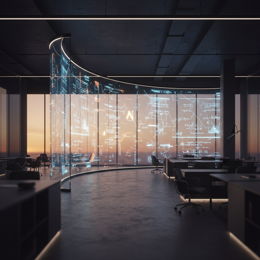Oficina moderna con una gran pantalla curva transparente que muestra gráficos y datos técnicos frente a un ventanal al atardecer.
