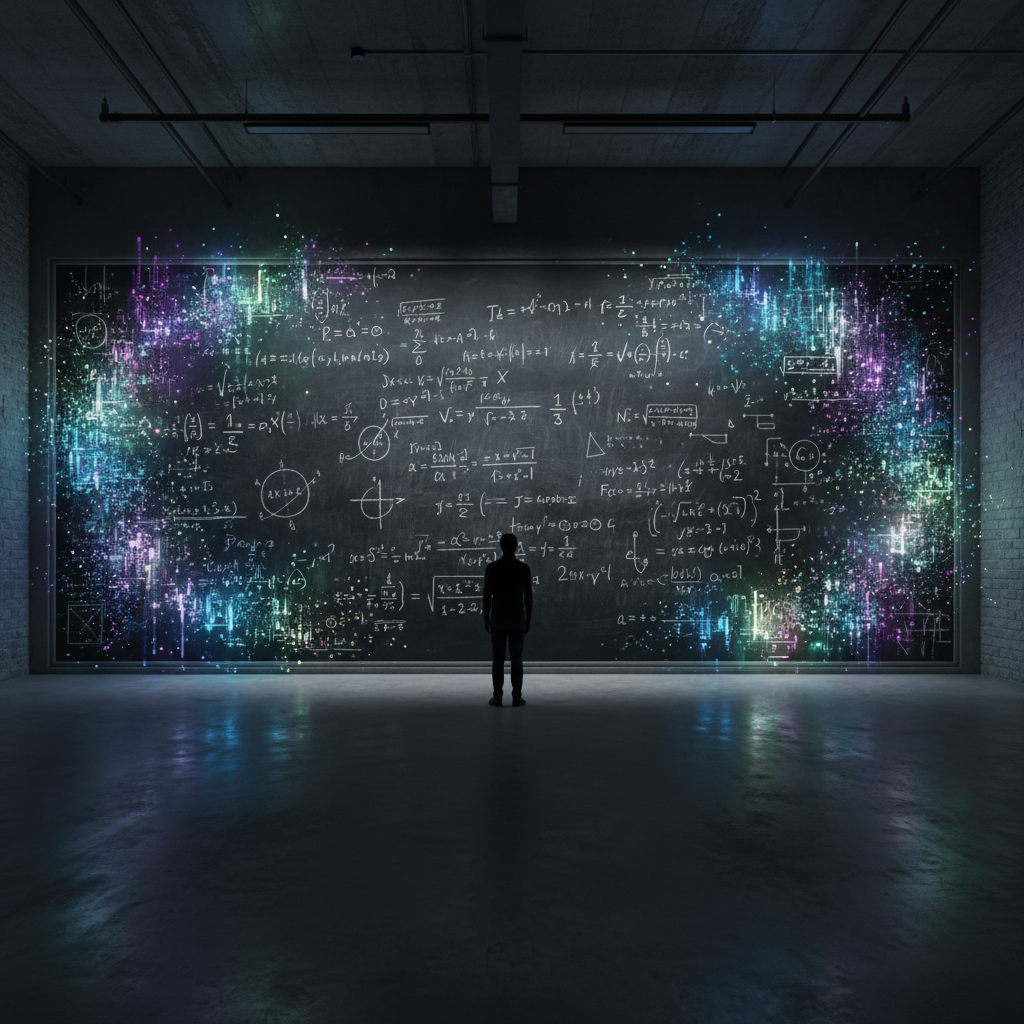 Persona de pie frente a una pizarra gigante con fórmulas matemáticas complejas y efectos de partículas de luz brillante.