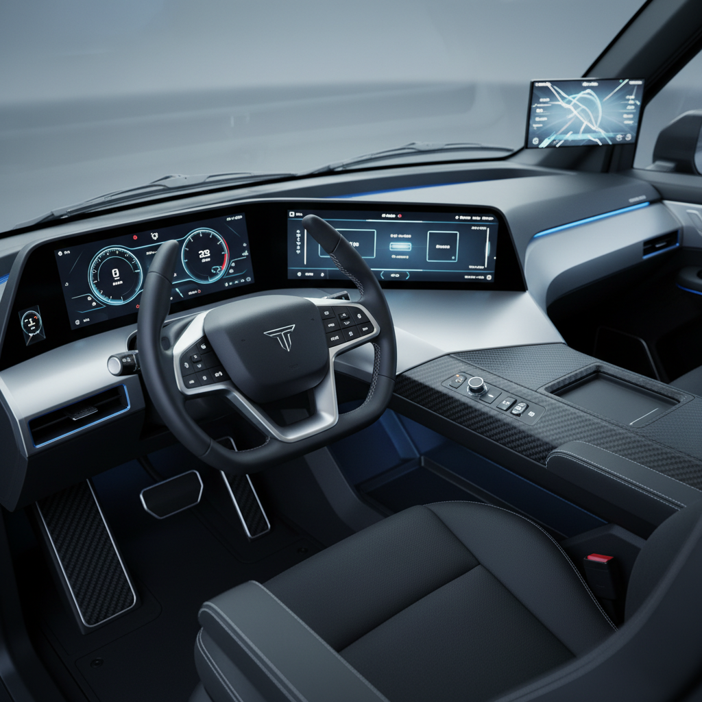 Interior moderno de un vehículo con salpicadero digital, volante con logotipo en forma de T y asientos de cuero negro.