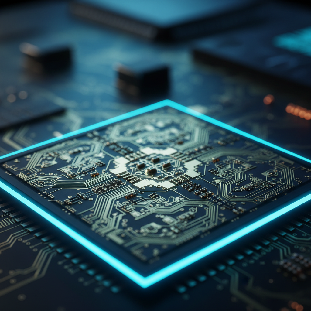 Procesador informático de alta tecnología iluminado con bordes brillantes sobre una placa de circuito impreso.