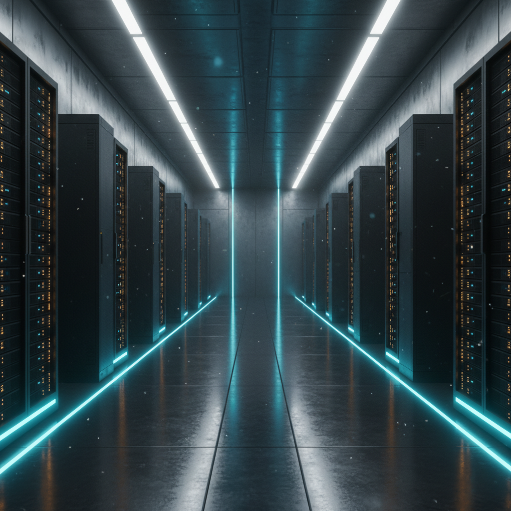 Pasillo central de un centro de datos moderno con filas de servidores negros e iluminación LED azul neón en el suelo y el techo.