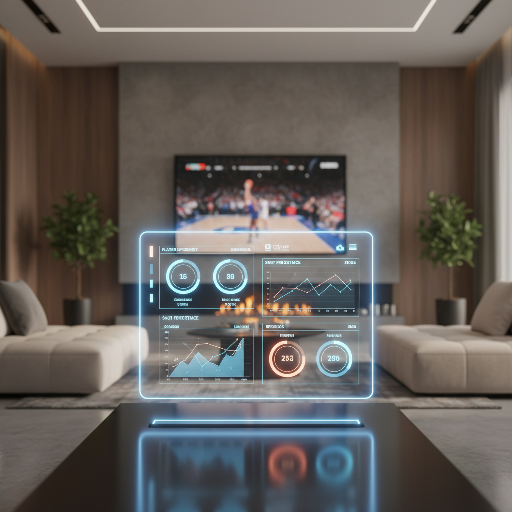 Pantalla holográfica digital mostrando estadísticas deportivas de jugadores y gráficos de rendimiento en un salón moderno.