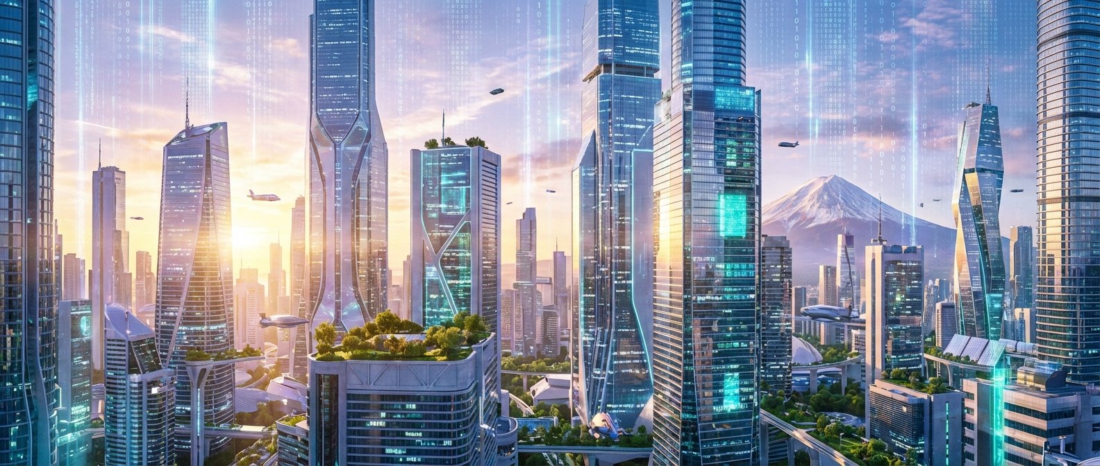 Paisaje urbano futurista con rascacielos de cristal y diseños modernos, algunos con vegetación en las azoteas. El cielo muestra cascadas de código binario digital y vehículos voladores, con una montaña nevada al fondo.