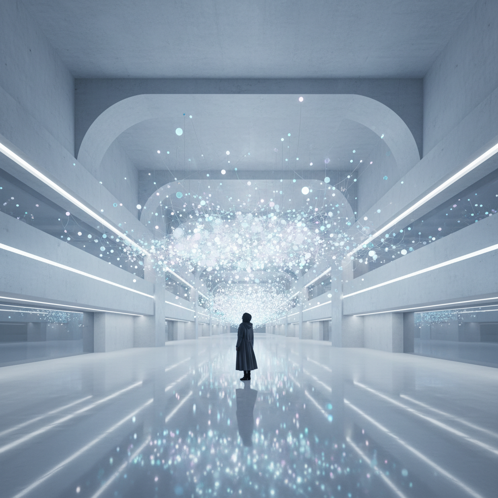 Persona solitaria parada en el centro de un pasillo futurista de concreto blanco bajo una instalación de luces brillantes y suspendidas.