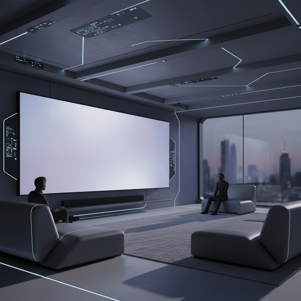 Interior de una sala de cine moderna con pantalla gigante, iluminación LED azul integrada y personas sentadas en sofás minimalistas frente a un ventanal con vistas a la ciudad.