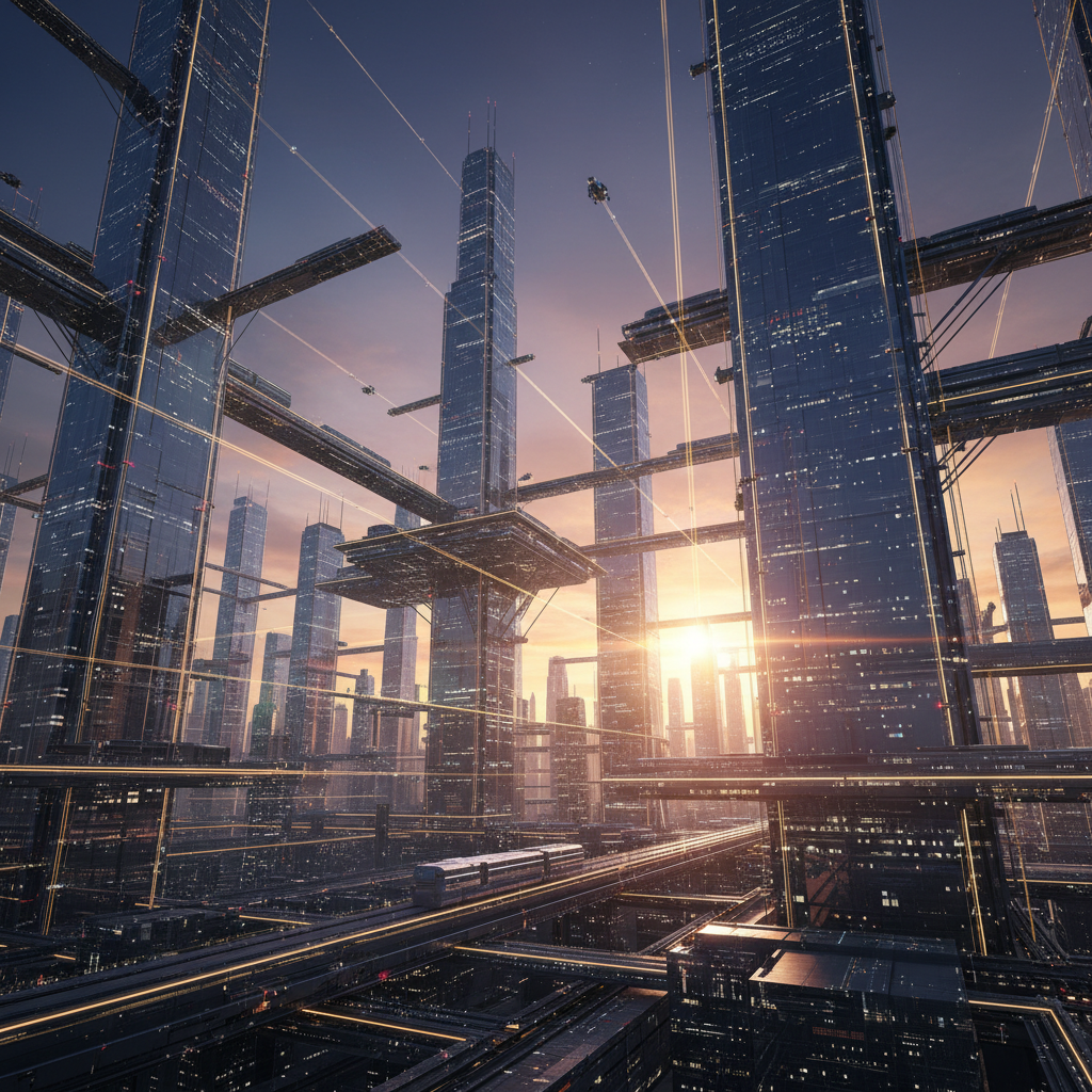Rascacielos futuristas de cristal conectados por pasarelas y vías ferroviarias en una metrópolis al atardecer.