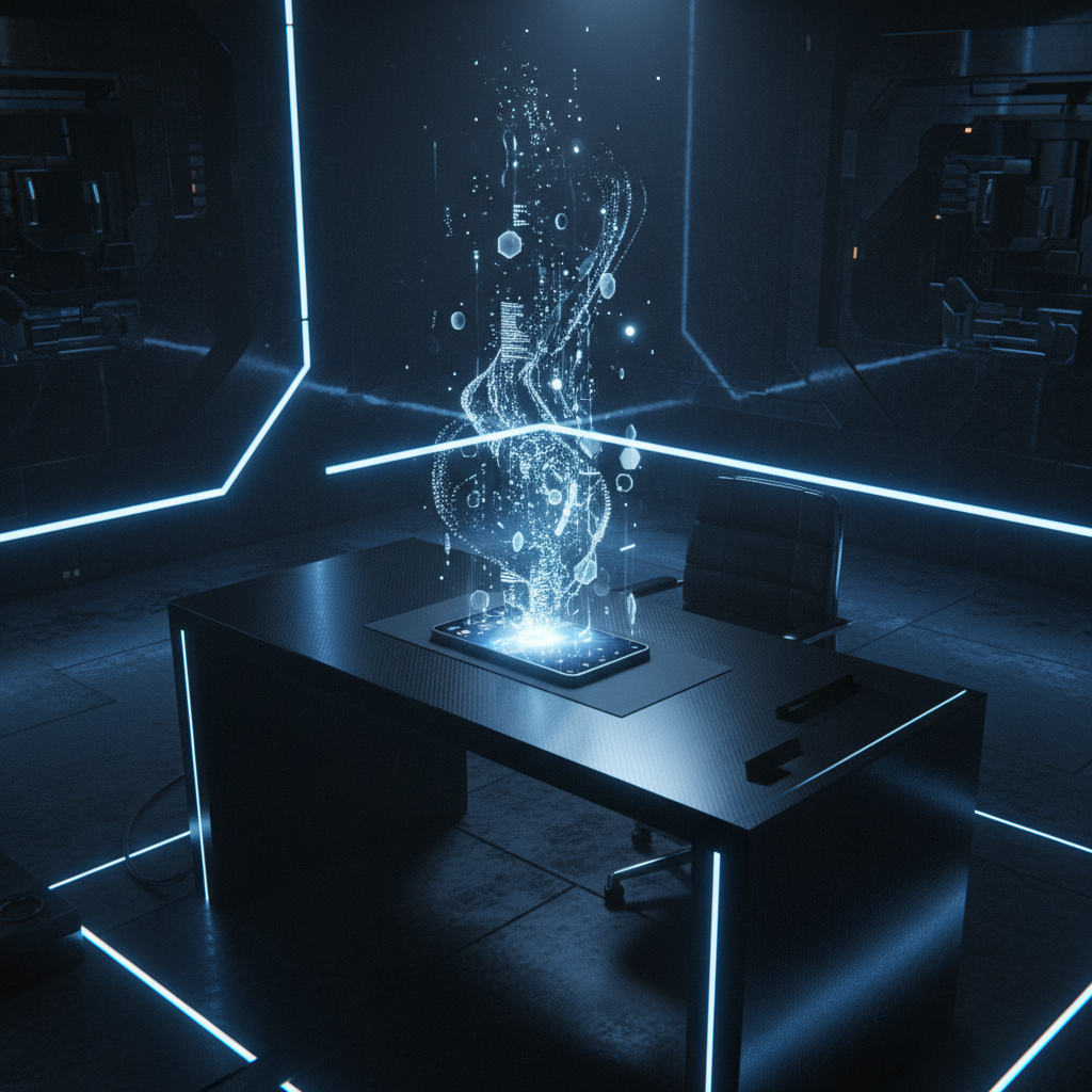 Escritorio moderno en una oficina futurista con un dispositivo que proyecta un holograma de datos luminosos.