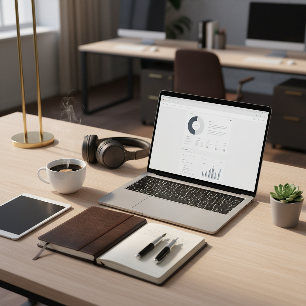 Espacio de trabajo de oficina moderno con ordenador portátil, libreta, taza de café, auriculares y planta sobre un escritorio de madera.