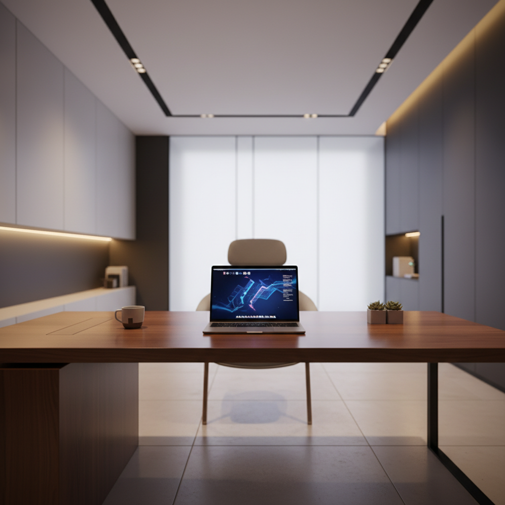 Escritorio ejecutivo moderno de madera con portátil y una taza de café en una oficina minimalista iluminada.