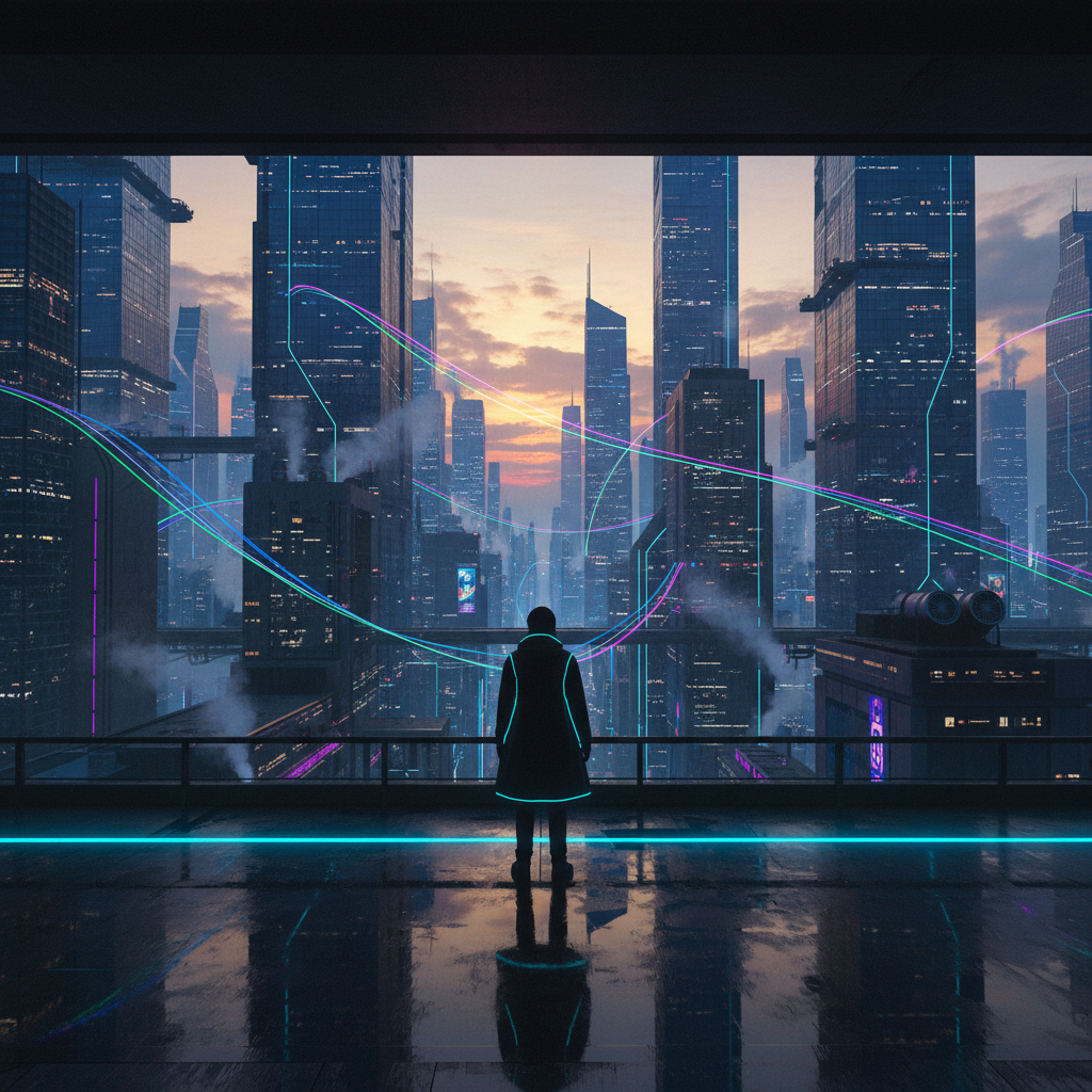 Persona solitaria de pie en una plataforma observando una ciudad futurista al atardecer con luces de neón y rascacielos.