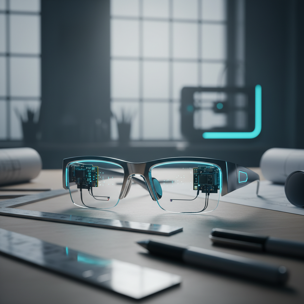 Gafas inteligentes de diseño tecnológico con circuitos visibles sobre una mesa de dibujo con herramientas.