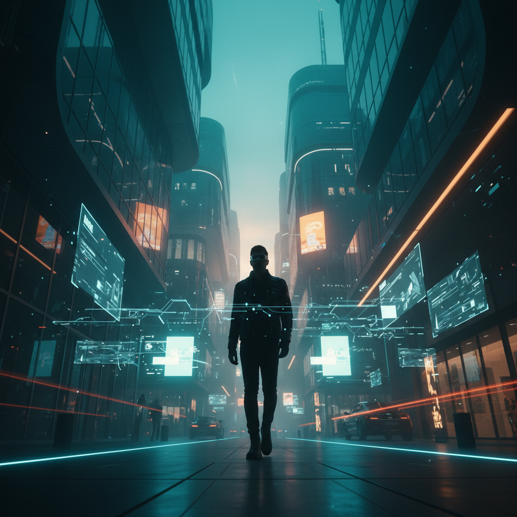 Persona con gafas futuristas caminando por una calle urbana rodeada de edificios modernos y pantallas holográficas flotantes.