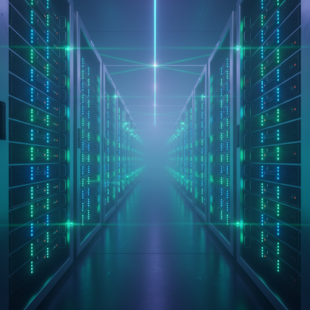 Pasillo de un centro de datos con servidores iluminados en tonos azules y verdes.