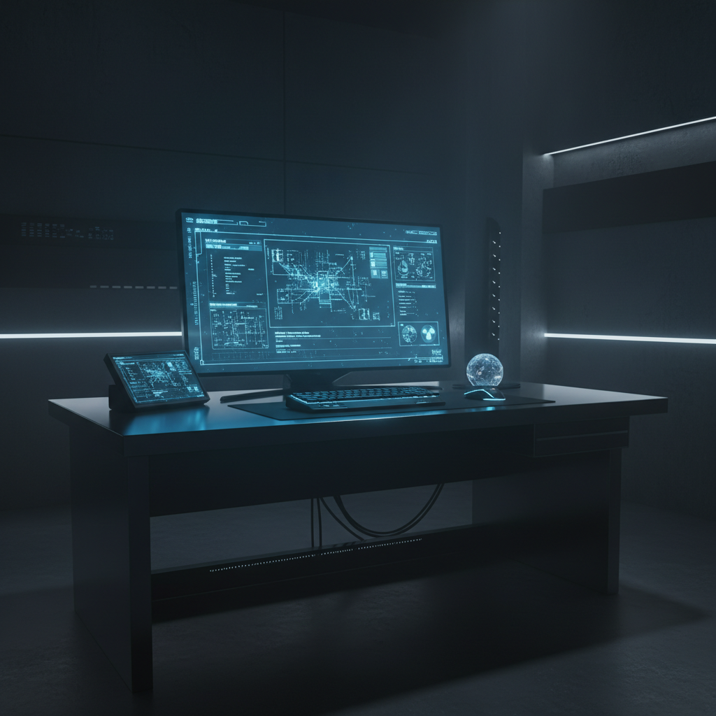 Escritorio de estilo futurista con monitor mostrando diagramas técnicos, una tableta, teclado y mouse en una habitación oscura con iluminación de neón.