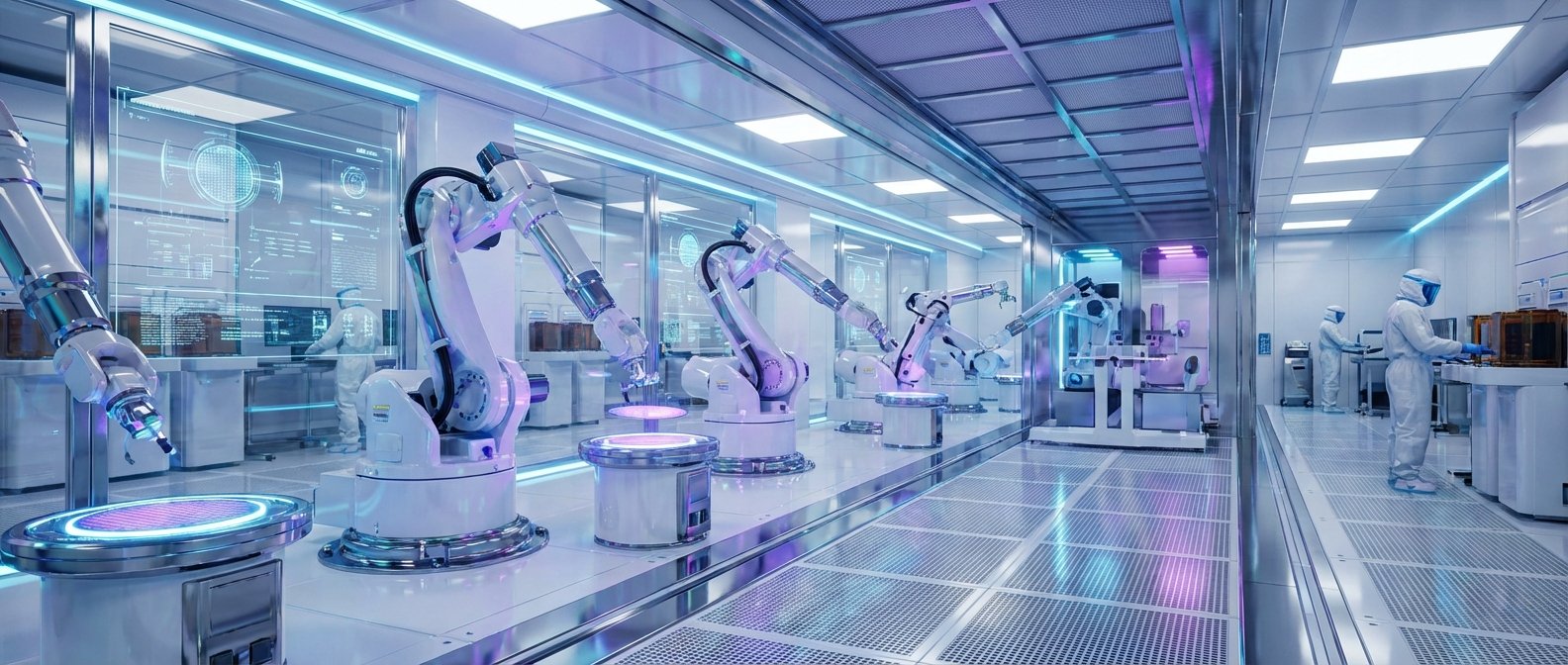 Sala limpia futurista con múltiples brazos robóticos blancos trabajando en una línea de montaje, procesando componentes sobre plataformas circulares luminosas. A través de divisiones de vidrio, se ven interfaces holográficas con datos técnicos y, en el fondo, personal en trajes de protección operando estaciones de trabajo.