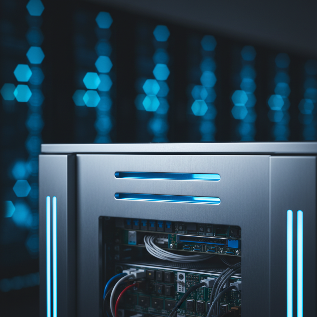 Servidor informático moderno con chasis metálico y luces LED azules en un centro de datos.