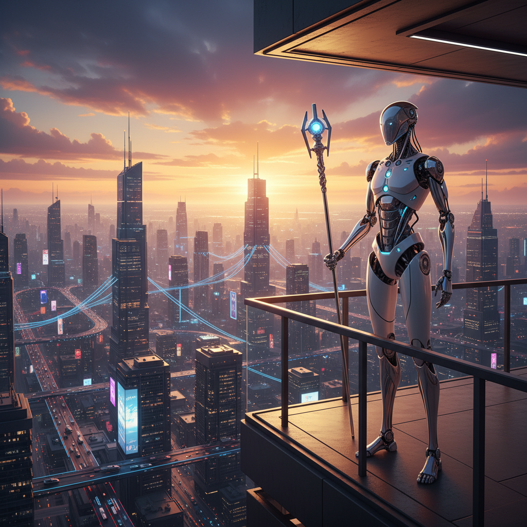 Un robot humanoide de color blanco y plateado sosteniendo un cetro brillante mientras observa una futurista metrópolis al atardecer desde un balcón.