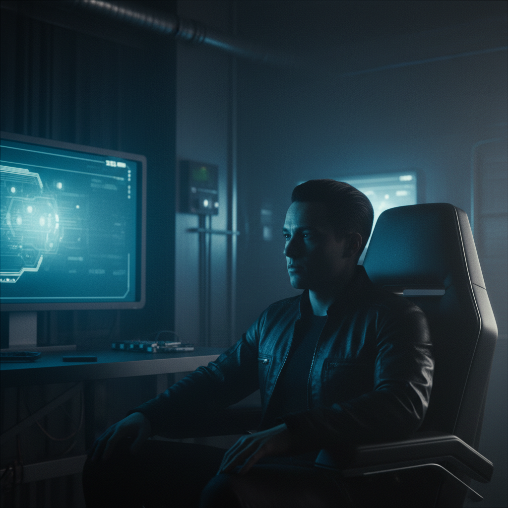 Joven con chaqueta de cuero sentado en una silla frente a un monitor con gráficos digitales en una habitación oscura.