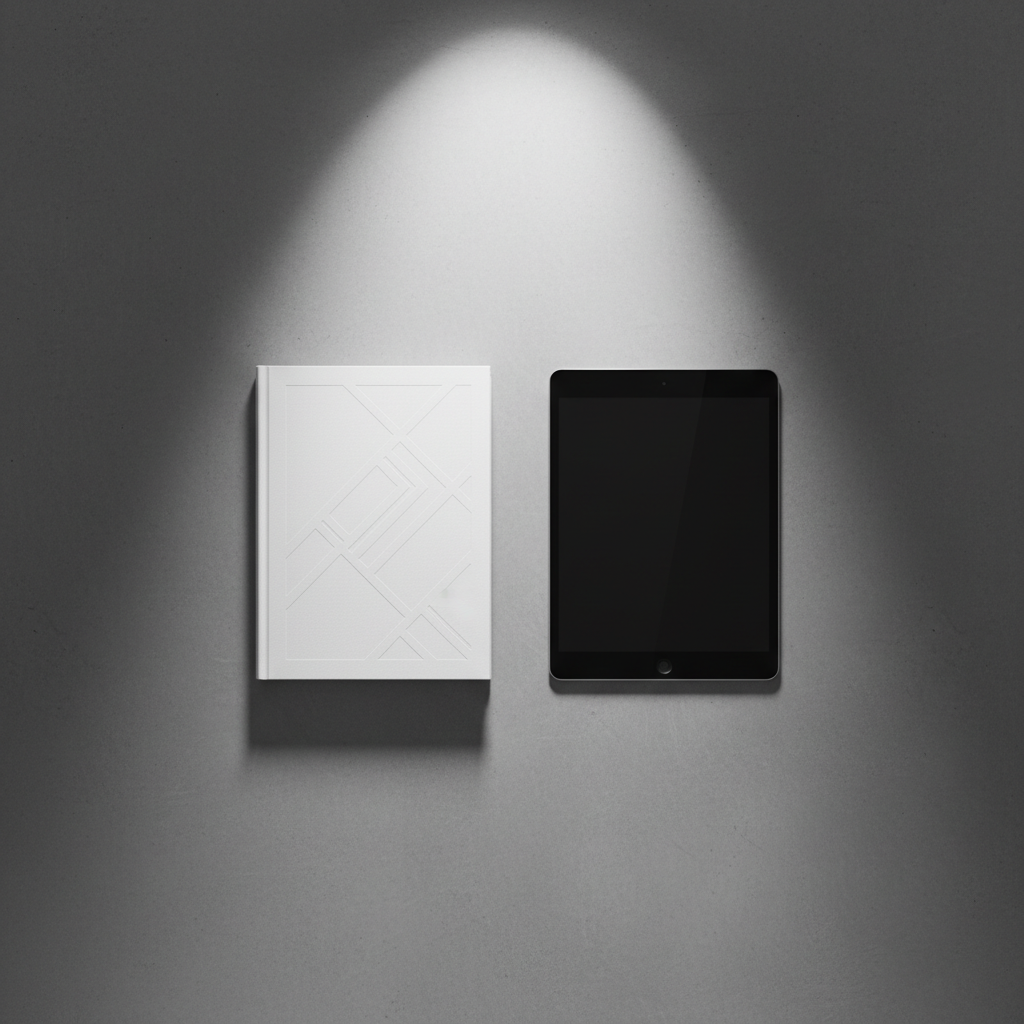 Un libro de tapa dura blanca con diseño geométrico junto a una tableta digital de color negro sobre un fondo gris iluminado desde arriba.