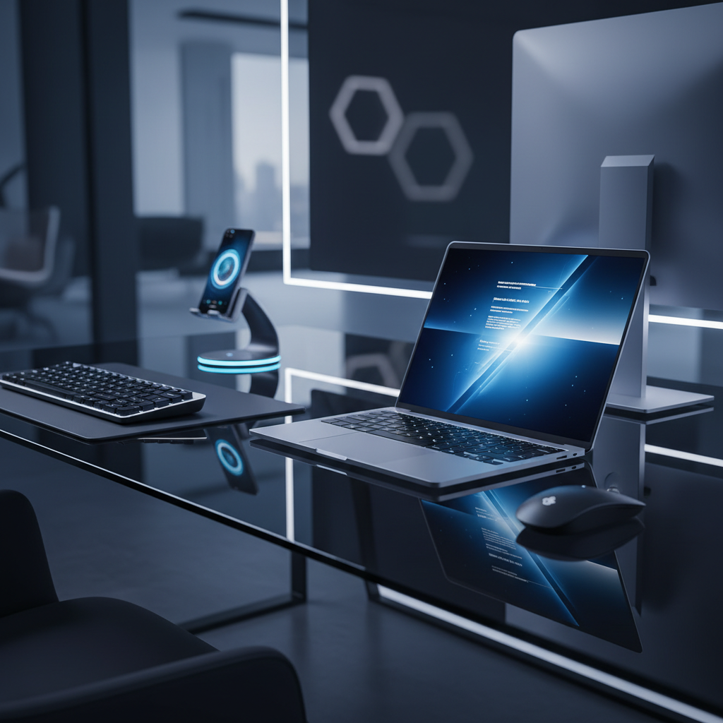 Escritorio de oficina moderno con un ordenador portátil, monitor, teclado y teléfono sobre una mesa de cristal.